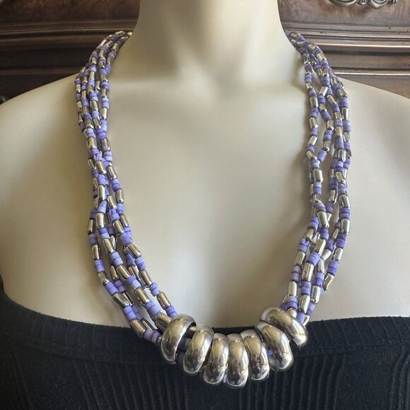 VTG Statement Necklace Beaded Multi Strand Purple Silver Hoop Detail Retro 25" - Picture 7 of 8